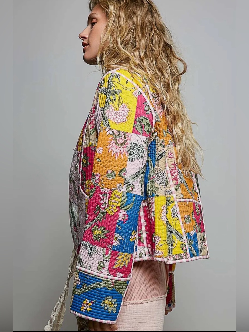 POL multicolor floral cotton kantha quilted boho western embroidered jacket coat - Picture 2 of 6
